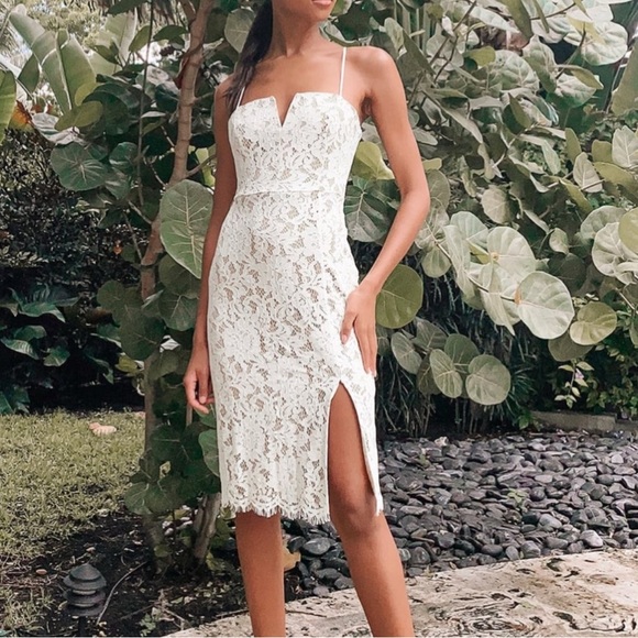 Lulus Dresses & Skirts - Lulus White Lace Midi Dress Small Spaghetti Strap Slit Fitted